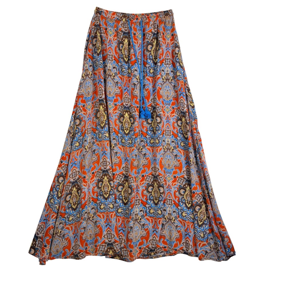 Vibrant Bohemian Paisley Printed Flowy Maxi Skirt Tassels Pockets S Cottagecore